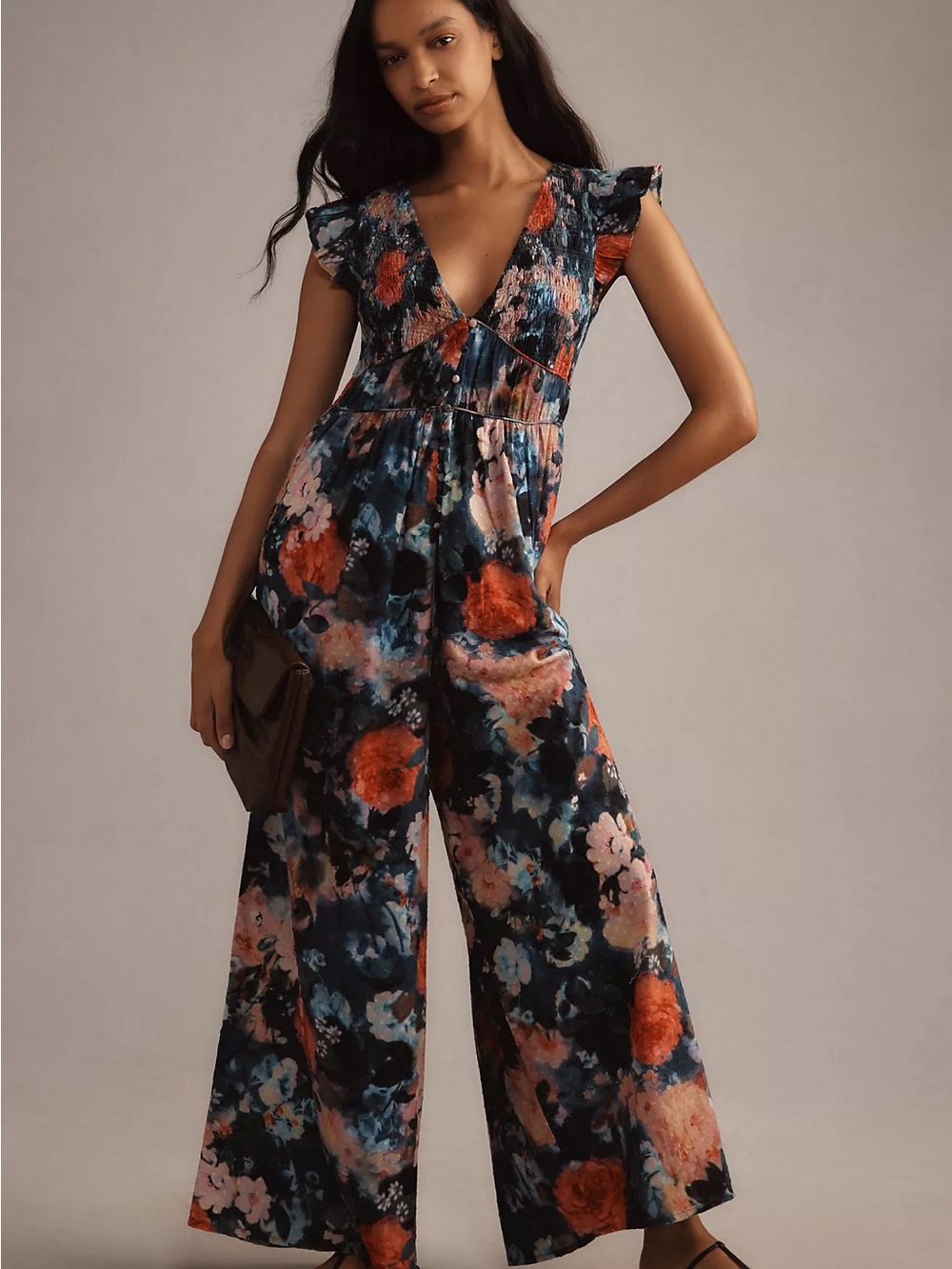 Anthropologie Floral Velvet Jumpsuit in Navy, Coral, Blush